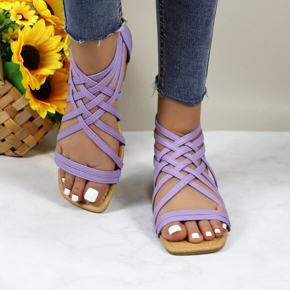 Women's Roman Gladiator Muliti Straped Back Zip Design Flat Heel Sandals Lilac - Picture 4 of 5